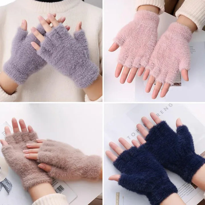 Girls Soft Half Finger Gloves Plush Fingerless Gloves